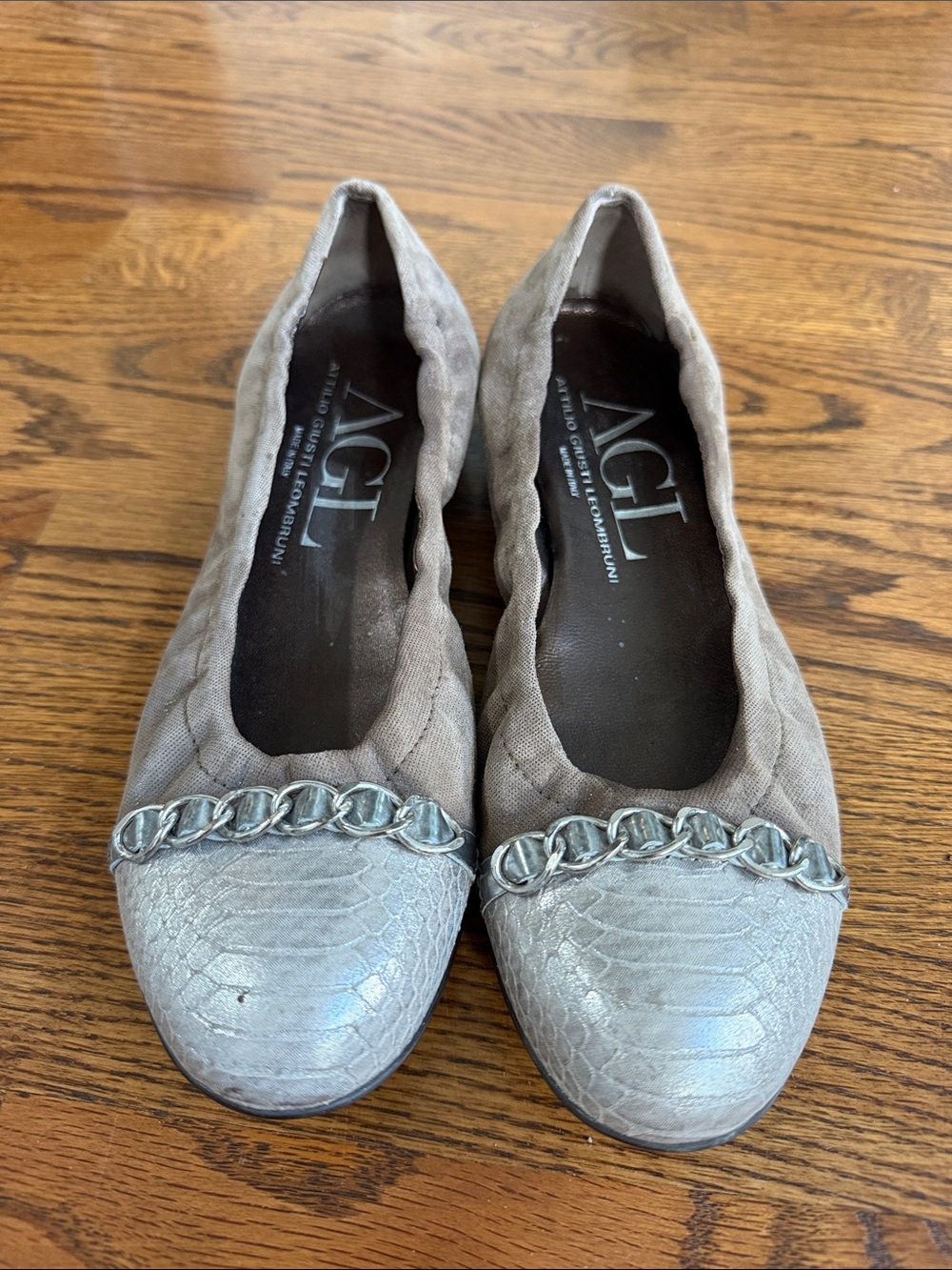 AGL Taupe Metallic Chain-Accent Ballet Flats
